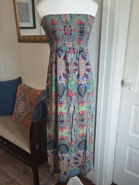 Angie Smocked Maxi Dress in Multicolor Floral Mandala Boho Print - Large